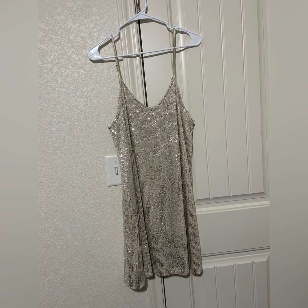 Mini champagne sequin dress with adjustable spaghetti straps